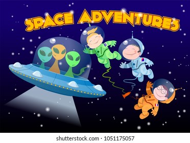 Children in spacesuits meet the aliens in the open outerspace