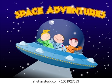 Children in spacesuits ride the alien spaceship  vector  in open space cartoon