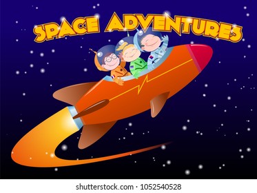 Children in spacesuits ride the rocket in open space vector cartoon
