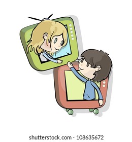 Children speaking from a television. Vector illustration.