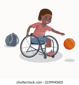 Children with special needs. African boy in wheelchair playing basketball after school.
