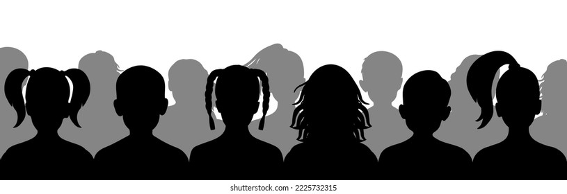 Children spectators, silhouette of boys and girls sitting in row. Vector illustration