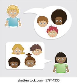 children with speech bubbles containing their friends, networking concept