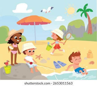 Children spend time on the beach during the summer holidays. Children swim, sunbathe, fish, and eat ice cream by the sea. People are enjoying a sunny day.