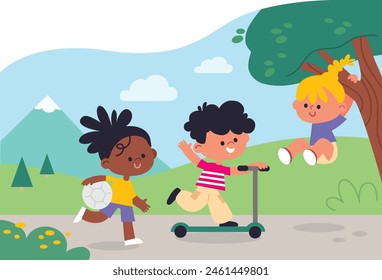 Children spend time outside, having fun, relaxing. Summer. Sunny day. Girl hanging on a branch, boy riding a scooter. Children engage in activities in a good mood. Kids on holiday, vacation, weekends.