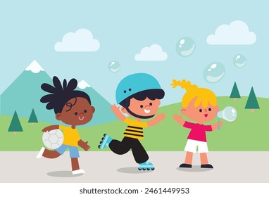 Los niños pasan tiempo al aire libre, divirtiéndose, relajándose. Verano. Día soleado. Hermosa naturaleza. Los niños realizan diversas actividades en un buen sentimiento. Niños de vacaciones, vacaciones, fines de semana. Recuerdos de infancia