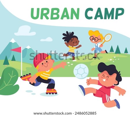 Children spend time outside, having fun, relaxing. Summer. Sunny day. Children engage in various activities in a good mood. Kids on holiday, vacation, weekends. Urban camp with different activities.