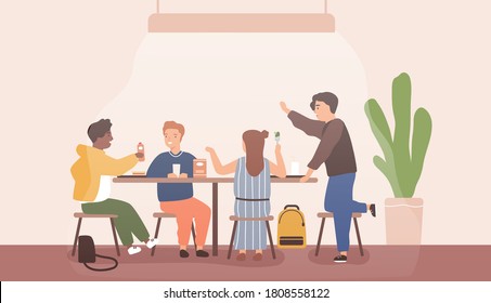 Children spend time together during school break talking and eating in canteen. Students sitting at dining room. Pupils inside cafeteria having lunch. Flat vector cartoon illustration.