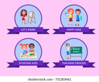 Children spending time by studying vector poster. Illustration of drawing small girl, kids reading books and have fun and teacher near blackboard