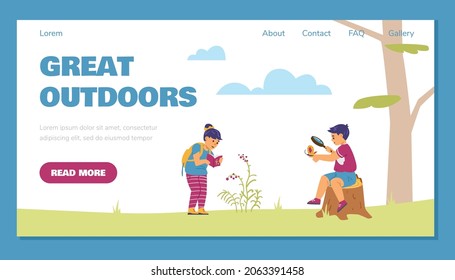 Children spending time outdoors, landing page template - flat vector illustration. Boy and girl exploring nature with magnifier web banner.