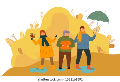 Children spending time outdoors vector. Boys and girl playing with dry leaves, kids holding umbrella. Downpour in park in autumn, forest with bushes and puddles on ground flat style illustration