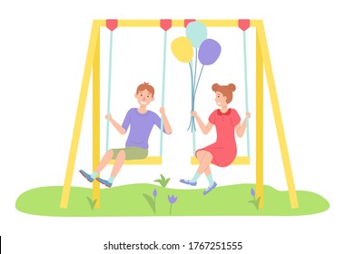 Children spending time at playground, kindergarten, kids have fun, recreation, girl with air balloons and boy rest relax on swing, little children, friends, playtime, isolated chartoon characters