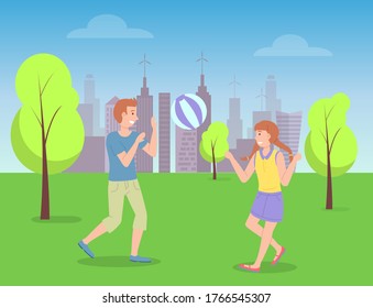 Children spending time in summer park playing with ball, kids have fun, recreation, girl with pigtails and boy play active game, little children, friends, playtime, urban buildings at background