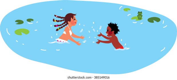 Children splashing in the lake waters in the lake. Kids swimming in the pond.