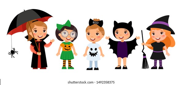 Children in spooky monsters costumes flat vector illustrations set.  Trick or treat october holiday tradition. Vampire, pumpkin, ghost, bat and witch  cartoon 
 stickers pack 