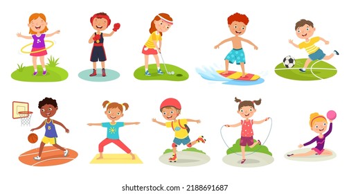 Actividades deportivas para niños. Diferentes ejercicios para niños activos, niños y niñas felices practicando deportes y juego vectorial. Boxeo de personajes, surf y gimnasia, patinaje de rodillos