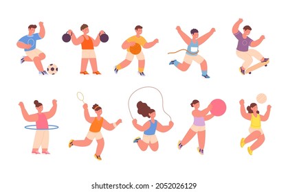 Children sport activities. Kids sporting playing, hoop training. Child different activities, play soccer. Little champion, cartoon jumping utter vector characters