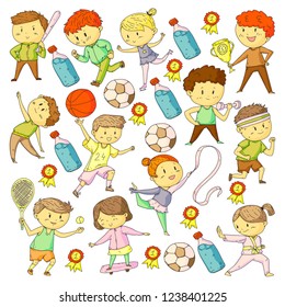 Children sport competitions. Young atheles playing soccer, football, baseball, basketball. Boys and girls running. Images of rhythic gymnastics, figure skating.
