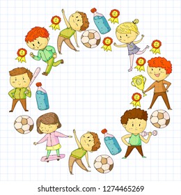Children sport competitions. Young atheles playing soccer, football, baseball, basketball. Boys and girls running. Images of rhythic gymnastics, figure skating.