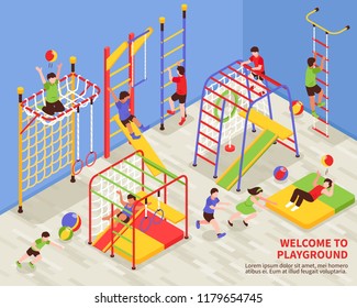 Children Sport Complex Composition With Indoor Gymnastic Area For Kids With Colourful Climbing Frames And Text Vector Illustration