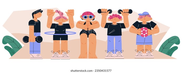 Children with sport equipment playing sports and doing various exercises, flat cartoon vector illustration isolated on white background. Sportive active boys and girls characters.