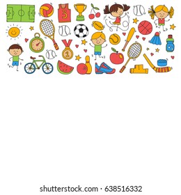 Children sport Fitness Football Volleyball Tennis Basketball Bicycle Running Award Baseball Kids sport for boys and girls Vector pattern