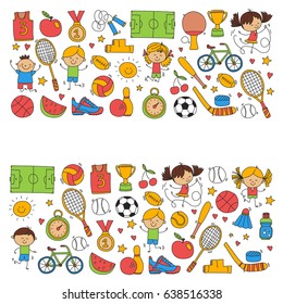 Children sport Fitness Football Volleyball Tennis Basketball Bicycle Running Award Baseball Kids sport for boys and girls Vector pattern