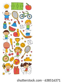 Children sport Fitness Football Volleyball Tennis Basketball Bicycle Running Award Baseball Kids sport for boys and girls Vector pattern