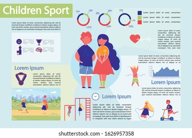 Children Sport Infographic Infographic Set or Presentation Elements Kit. Boys and Girls Characters and Pie Diagram. Childhood Care and Healthy Development, Prophylactics. Flat Vector Illustration.