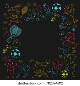 Children sport. Kids drawing. Kindergarten, school, college, preschool. Soccer, football, tennis, running, boxing, rugby, yoga, swimming
