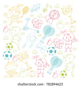 Children sport. Kids drawing. Kindergarten, school, college, preschool. Soccer, football, tennis, running, boxing, rugby, yoga, swimming