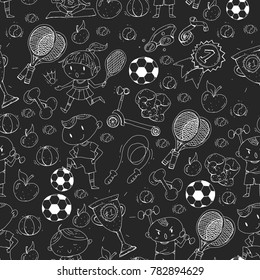 Children sport. Kids drawing. Kindergarten, school, college, preschool. Soccer, football, tennis, running, boxing, rugby, yoga, swimming