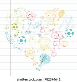Children sport. Kids drawing. Kindergarten, school, college, preschool. Soccer, football, tennis, running, boxing, rugby, yoga, swimming