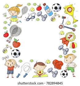 Children sport. Kids drawing. Kindergarten, school, college, preschool. Soccer, football, tennis, running, boxing, rugby, yoga, swimming