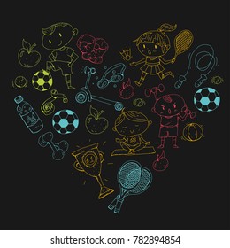 Children sport. Kids drawing. Kindergarten, school, college, preschool. Soccer, football, tennis, running, boxing, rugby, yoga, swimming