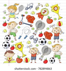 Children sport. Kids drawing. Kindergarten, school, college, preschool. Soccer, football, tennis, running, boxing, rugby, yoga, swimming