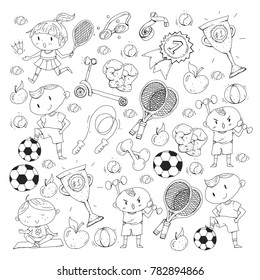 Children sport. Kids drawing. Kindergarten, school, college, preschool. Soccer, football, tennis, running, boxing, rugby, yoga, swimming