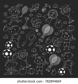 Children sport. Kids drawing. Kindergarten, school, college, preschool. Soccer, football, tennis, running, boxing, rugby, yoga, swimming