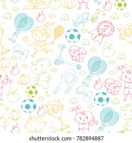 Children sport. Kids drawing. Kindergarten, school, college, preschool. Soccer, football, tennis, running, boxing, rugby, yoga, swimming