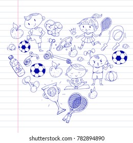 Children sport. Kids drawing. Kindergarten, school, college, preschool. Soccer, football, tennis, running, boxing, rugby, yoga, swimming