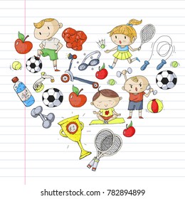 Children sport. Kids drawing. Kindergarten, school, college, preschool. Soccer, football, tennis, running, boxing, rugby, yoga, swimming