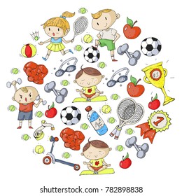 Children sport. Kids drawing. Kindergarten, school, college, preschool. Soccer, football, tennis, running, boxing, rugby, yoga, swimming