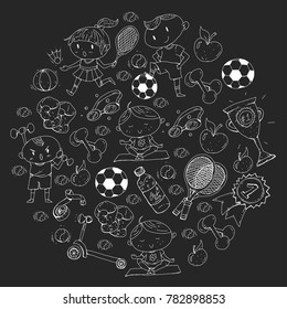 Children sport. Kids drawing. Kindergarten, school, college, preschool. Soccer, football, tennis, running, boxing, rugby, yoga, swimming