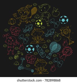 Children sport. Kids drawing. Kindergarten, school, college, preschool. Soccer, football, tennis, running, boxing, rugby, yoga, swimming