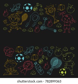 Children sport. Kids drawing. Kindergarten, school, college, preschool. Soccer, football, tennis, running, boxing, rugby, yoga, swimming