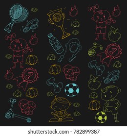 Children sport. Kids drawing. Kindergarten, school, college, preschool. Soccer, football, tennis, running, boxing, rugby, yoga, swimming