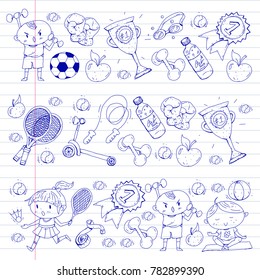 Children sport. Kids drawing. Kindergarten, school, college, preschool. Soccer, football, tennis, running, boxing, rugby, yoga, swimming