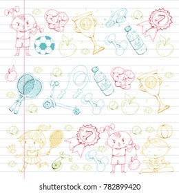 Children sport. Kids drawing. Kindergarten, school, college, preschool. Soccer, football, tennis, running, boxing, rugby, yoga, swimming