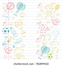 Children sport. Kids drawing. Kindergarten, school, college, preschool. Soccer, football, tennis, running, boxing, rugby, yoga, swimming