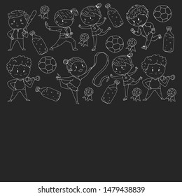Children and sport. Vector illustration of activities. Football, soccer, running, dancing, martial arts. Health care in school and kindergarten.